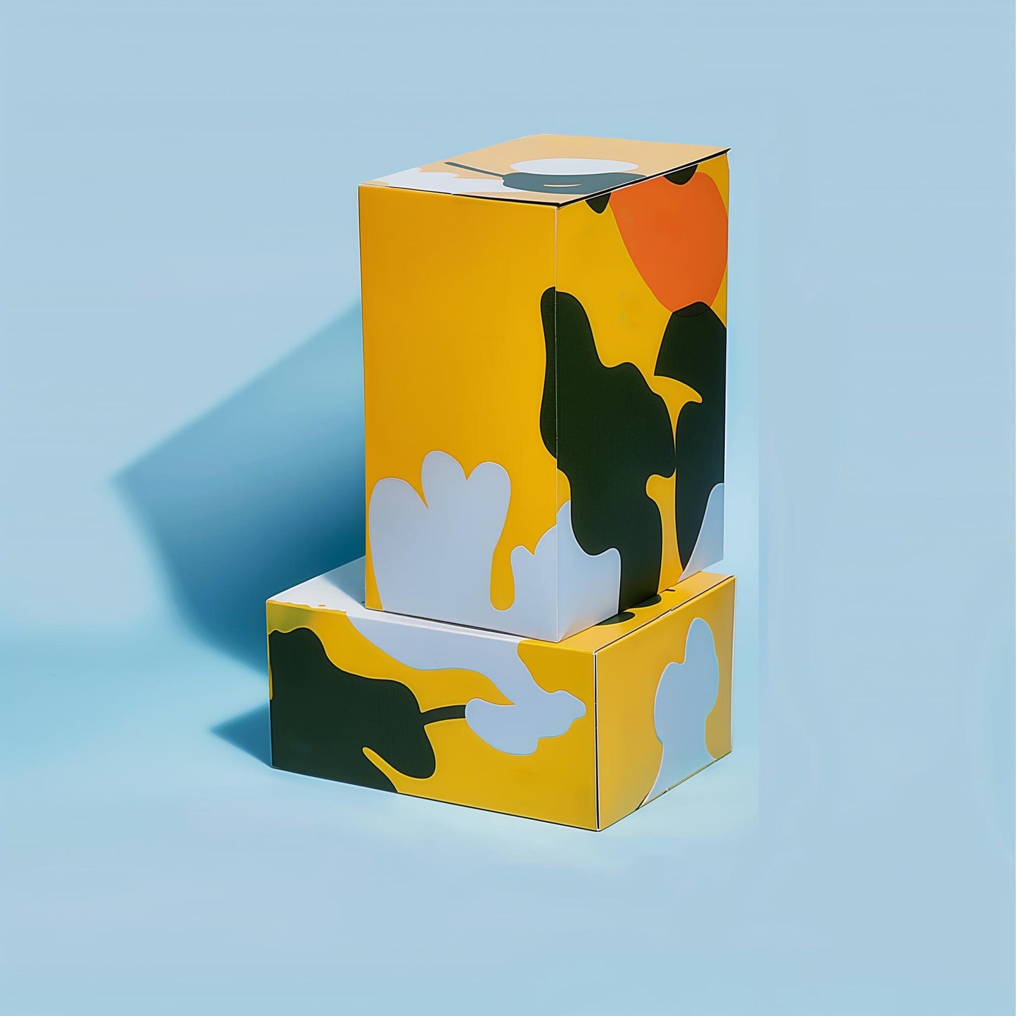 Stylish packaging boxes with a colorful abstract design, perfect for luxury gifts, emanating a modern aesthetic ideal for any occasion, created by Naked Fern Florals.